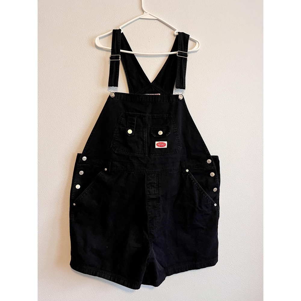 Vintage Revolt Overalls Womens  2 xl Black Denim Shortalls Button Pockets 90s
